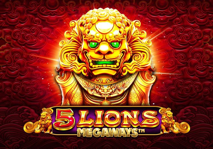 Logo resmi game slot 5 Lions Megaways dengan nuansa emas dan naga singa khas Asia.