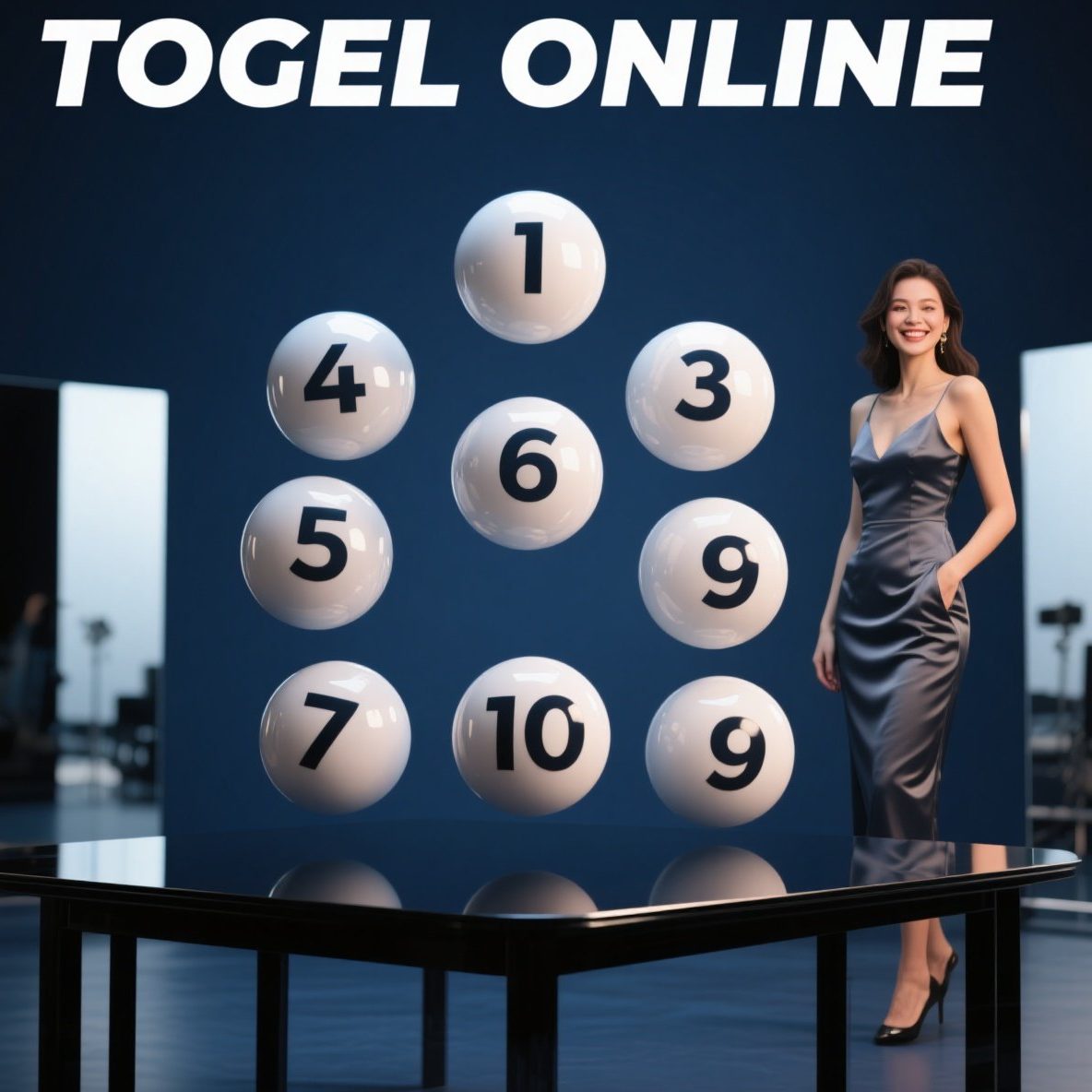 Poster “Togel Online” dengan deretan bola bernomor 1–10 dan model wanita berbusana elegan pada latar studio gelap