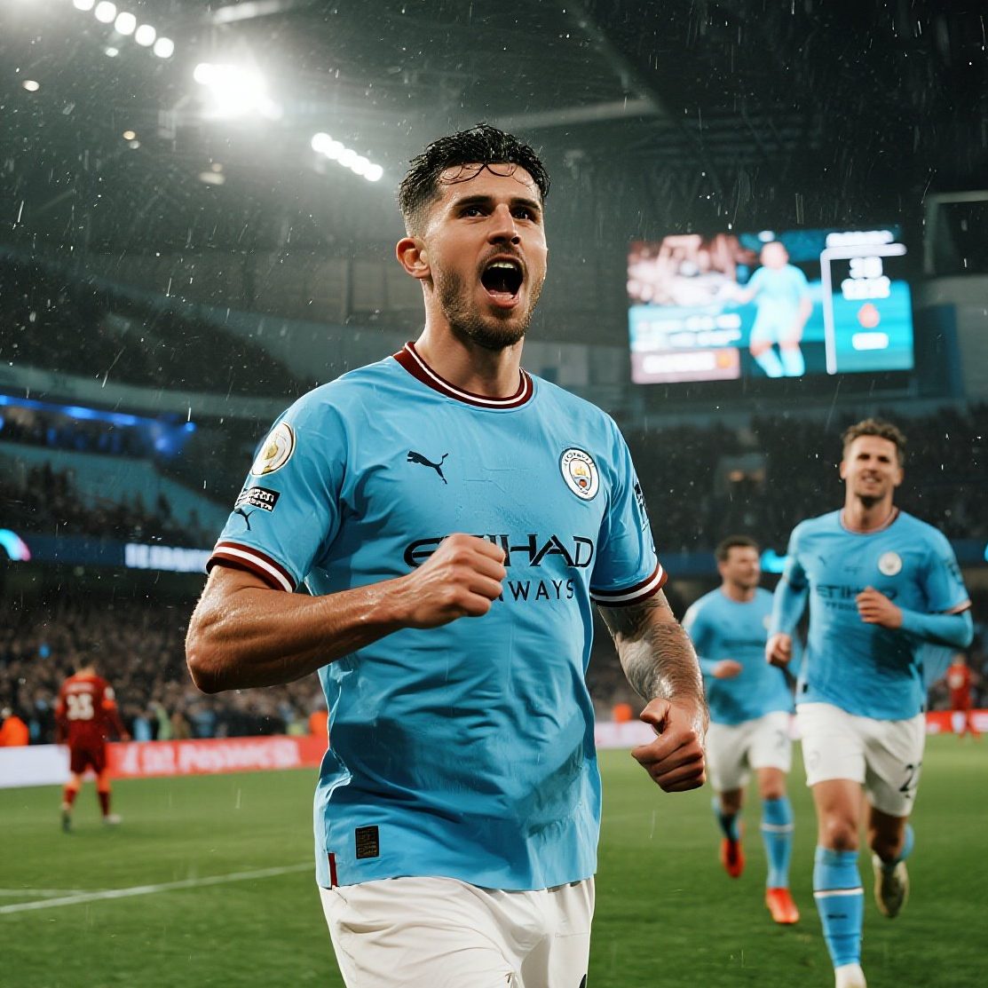 Pemain Manchester City di lapangan dengan jersey biru langit, selebrasi di depan tribun