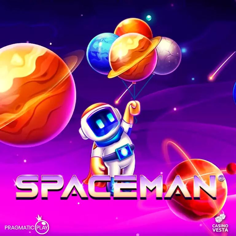 Ilustrasi astronaut Spaceman Pragmatic Play terbang di luar angkasa dengan planet berwarna cerah di latar belakang