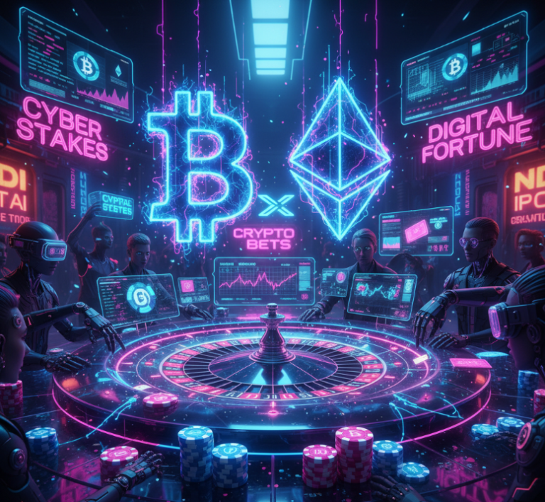 Ilustrasi neon cyberpunk cryptocurrency seperti Bitcoin dan Ethereum sebagai metode pembayaran di situs betting online
