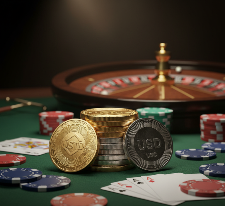 Koin USDT di atas meja casino dengan chip poker dan roulette, simbol stabilitas dalam betting online.